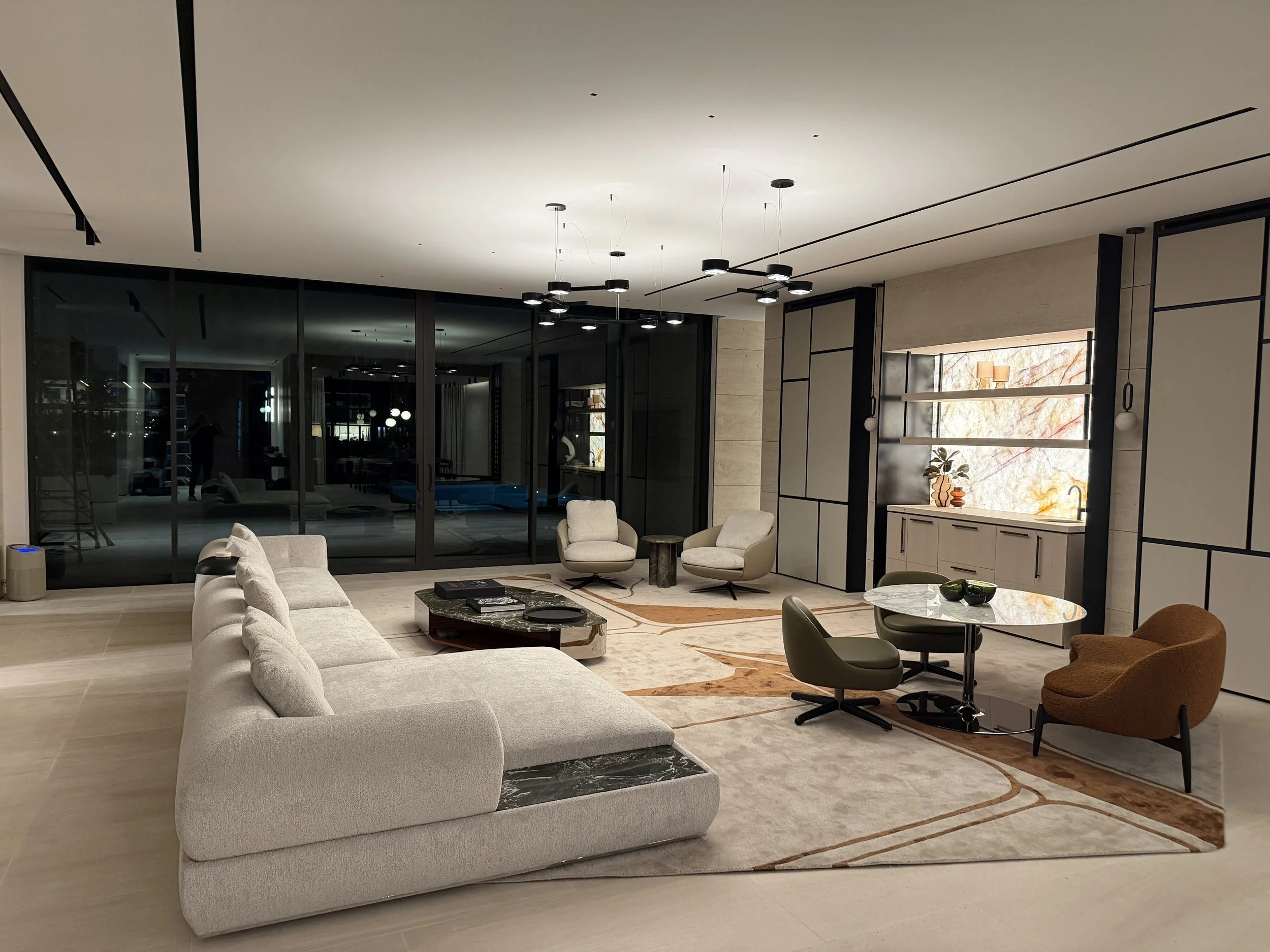 Cinematic luxury living room with integrated lighting